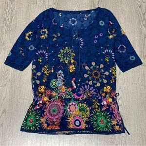 Desigual Navy Blue Floral Tunic Dress Beach Coverup 3/4 Sleeve‎ Tassels Large